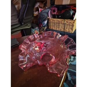 Vtg. Fenton Glass Cranberry Quilted Optic Double Ruffled Crimped Edge Bowl 6.5